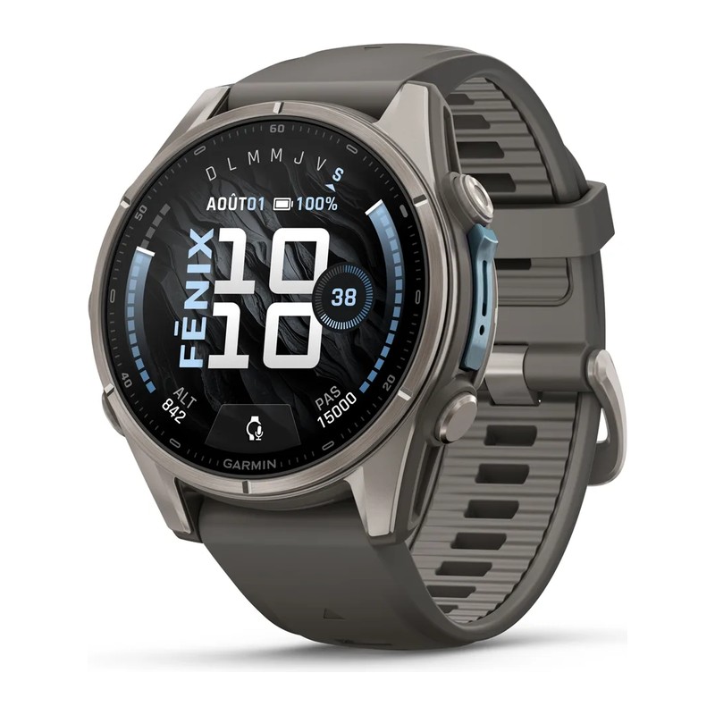 Montre GPS Garmin fēnix 9 – 43 mm, Titanium, bracelet silicone gris galet/gris cendré