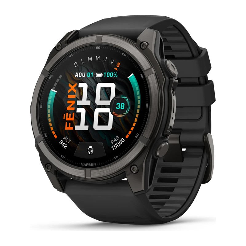 Montre GPS Garmin fēnix 9 – 51 mm, Titane Carbon Gray DLC, bracelet silicone noir