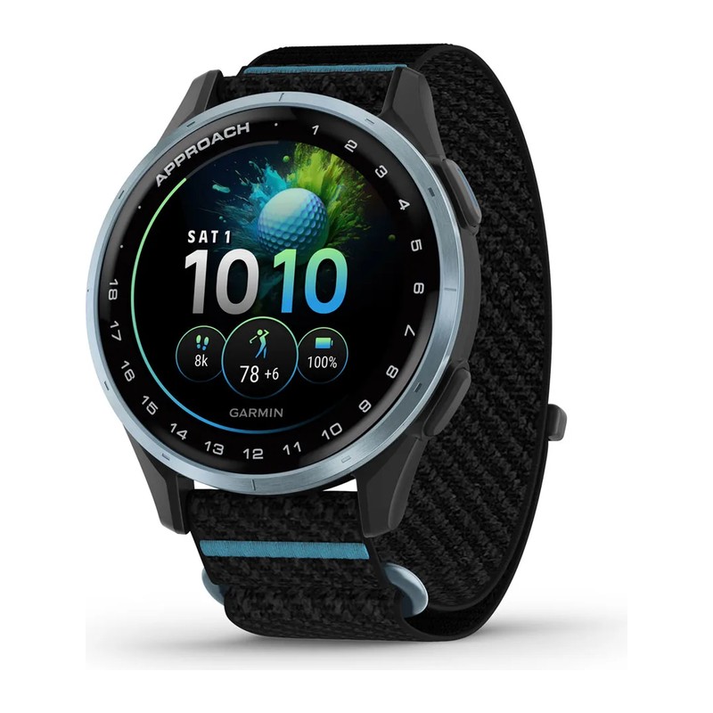 Montre GPS Garmin Approach J1, Lunette en aluminium bleu nuage, bracelet tissu ComfortFit noir/azur