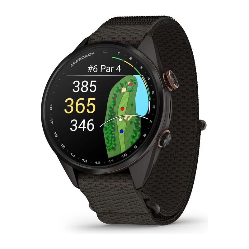 Montre GPS Garmin Approach S72 – 43 mm, Lunette titane avec revêtement en Carbon Gray DLC/bronze, bracelet tissu ComfortFit Gris foncé