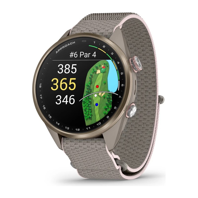 Montre GPS Garmin Approach S72 – 43 mm, Lunette en titane Soft Gold/rose pâle, bracelet tissu ComfortFit Lin/rose pâle
