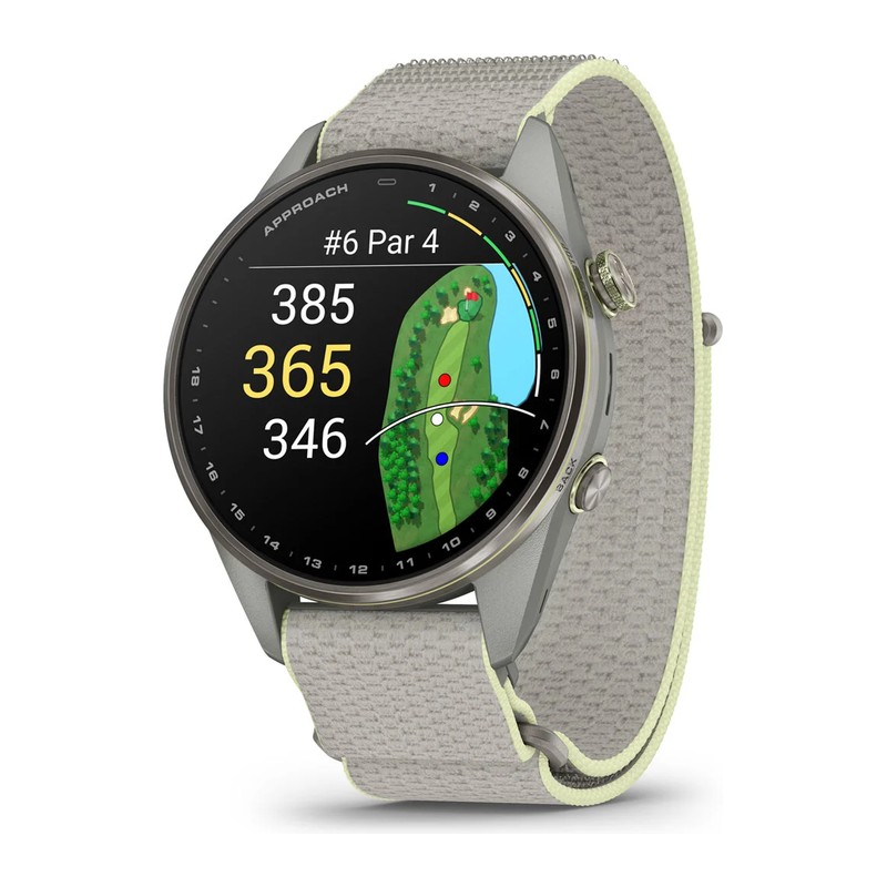 Montre GPS Garmin Approach S72 – 47 mm, Lunette titane Silver/Citron, bracelet tissu ComfortFit Gris cendré/Citron
