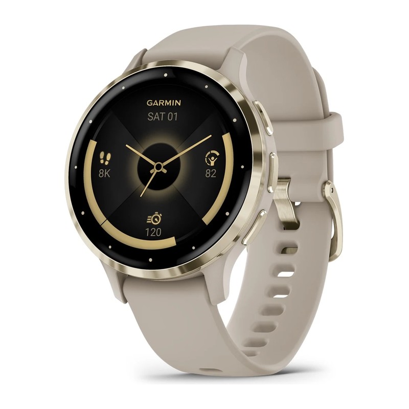 Montre connectée Garmin Venu 3S, Lunette en acier inoxydable Soft Gold avec boîtier, bracelet silicone lin