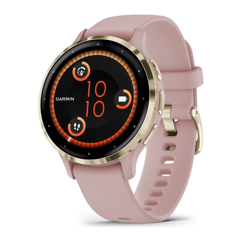 Montre connectée Garmin Venu 3S, Lunette en acier inoxydable Soft Gold avec boîtier, bracelet silicone rose poudré