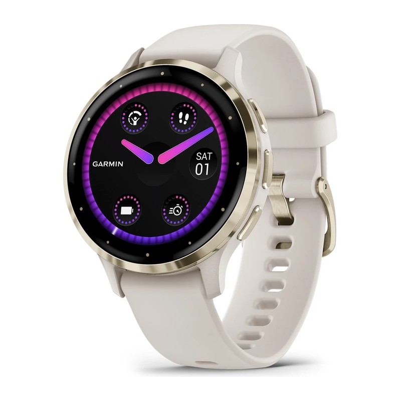 Montre connectée Garmin Venu 3S, Lunette en acier inoxydable Soft Gold avec boîtier, bracelet silicone ivoire