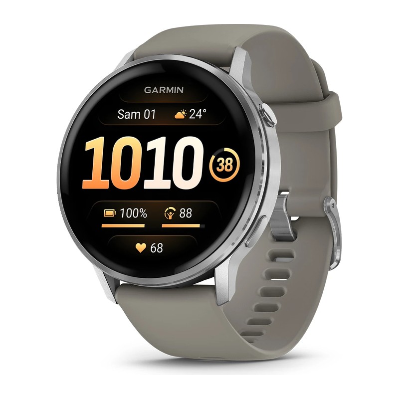Montre connectée Garmin Venu 4 – 45 mm, Silver, bracelet silicone gris