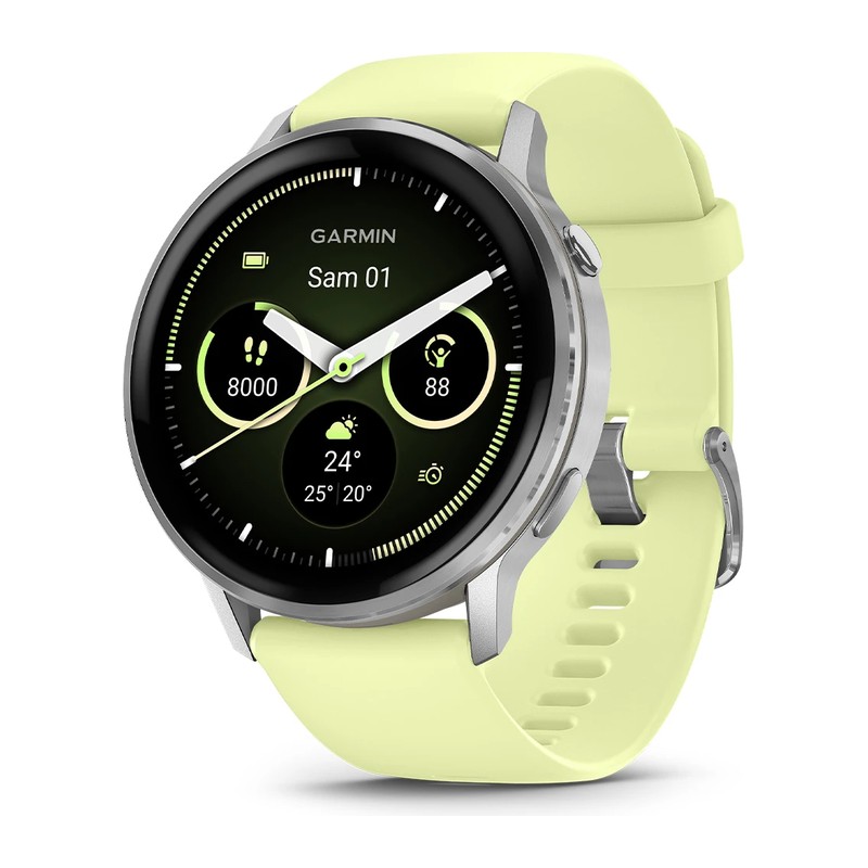 Montre connectée Garmin Venu 4 – 45 mm, Silver, bracelet silicone jaune citron