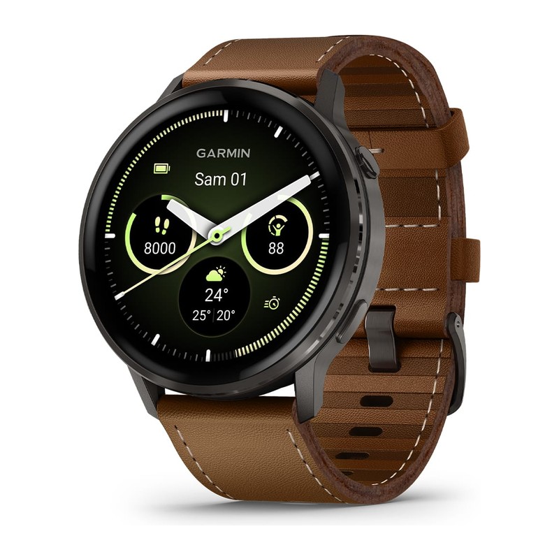 Montre connectée Garmin Venu 4 – 45 mm, Gray, bracelet silicone noir, bracelet cuir marron