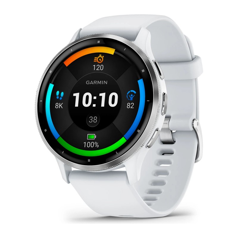 Montre connectée Garmin Venu 3, Lunette Silver en acier inoxydable avec boîtier blanc, bracelet silicone blanc