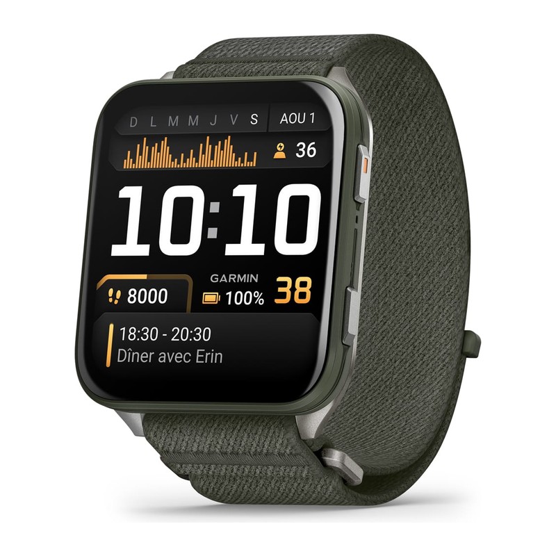 Montre connectée Garmin Venu X1, Vert Moss avec fond de boîtier en titane Gray, bracelet nylon ComfortFit vert Moss