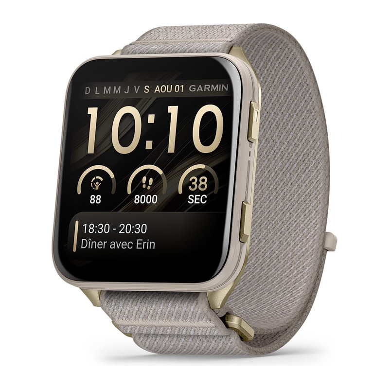 Montre connectée Garmin Venu X1, Soft Gold avec boîtier en titane, bracelet nylon lin