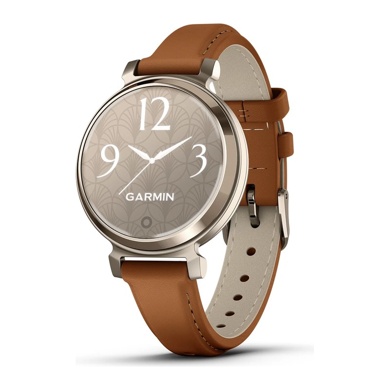 Montre connectée Garmin Lily 2 Classic, Cream Gold, bracelet cuir camel