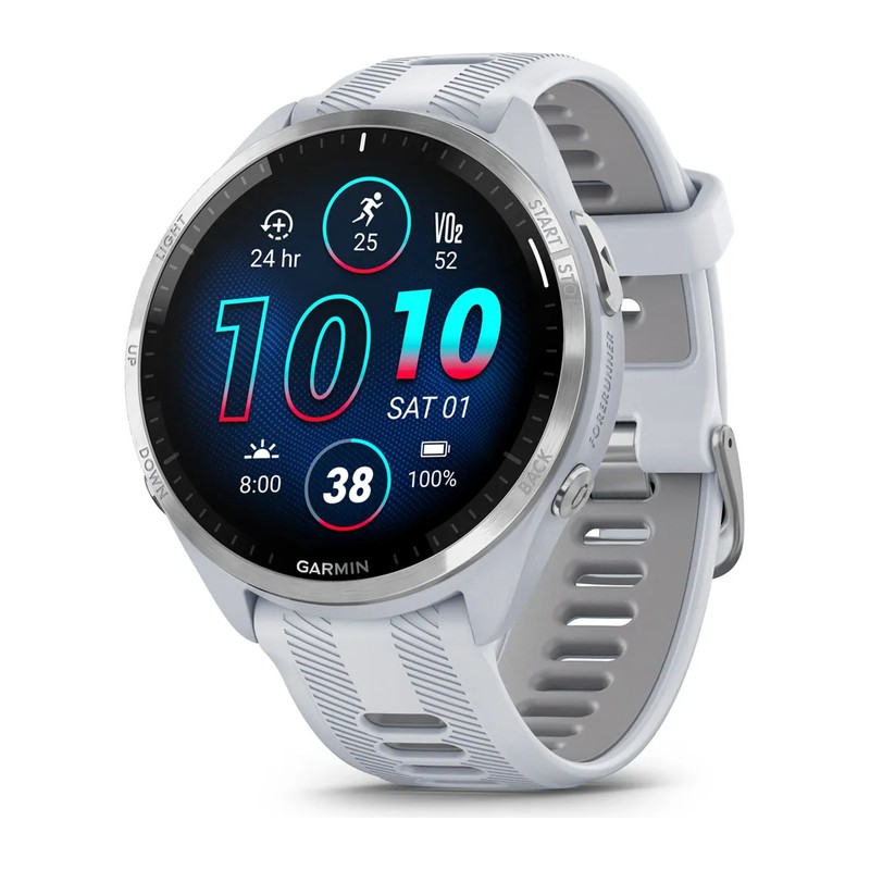 Montre GPS Garmin Forerunner 965, Blanche avec lunette en titane, bracelet silicone blanc/gris