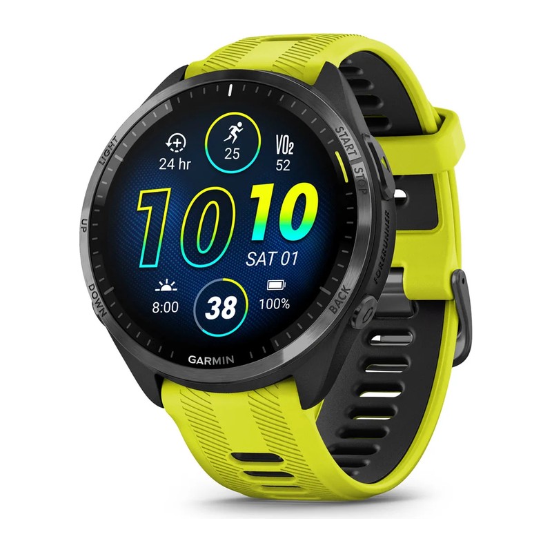 Montre GPS Garmin Forerunner 965, Noire avec lunette en titane, bracelet silicone jaune vif/noir