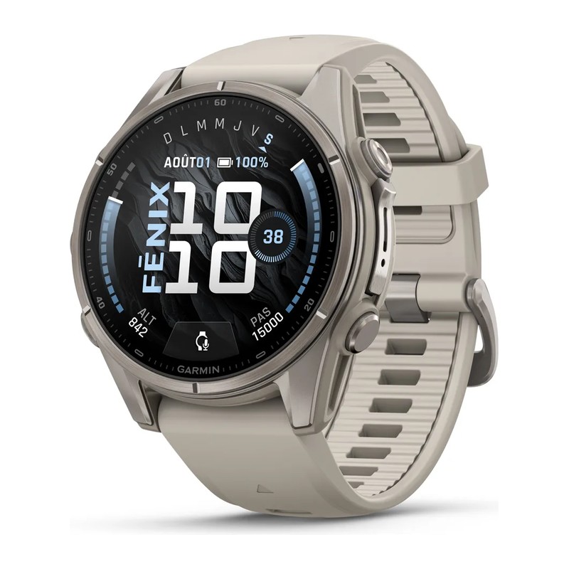 Montre GPS Garmin fēnix 9 – 43 mm, Titanium, bracelet silicone gris cendré/titanium