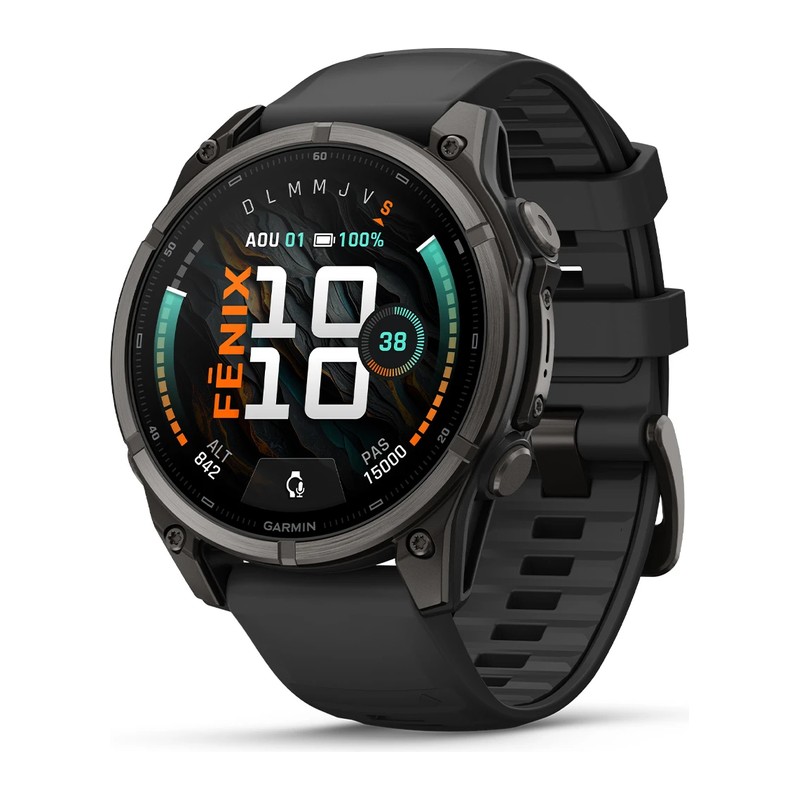 Montre GPS Garmin fēnix 9 – 47 mm, Titane Carbon Gray DLC, bracelet silicone noir