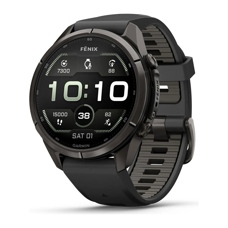 Montre GPS Garmin fēnix 9 Pro – 43 mm, Titane Carbon Gray DLC, bracelet silicone noir/gris galet