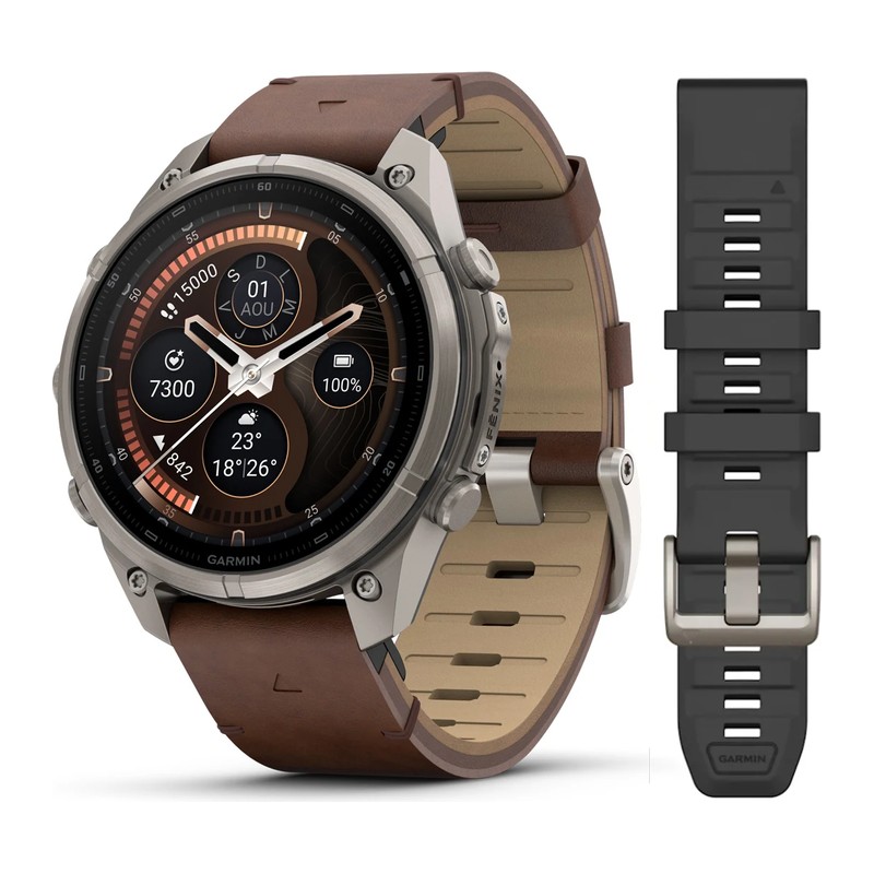 Montre GPS Garmin fēnix 9 Pro – inReach, 47 mm, Titanium, bracelet cuir noisette