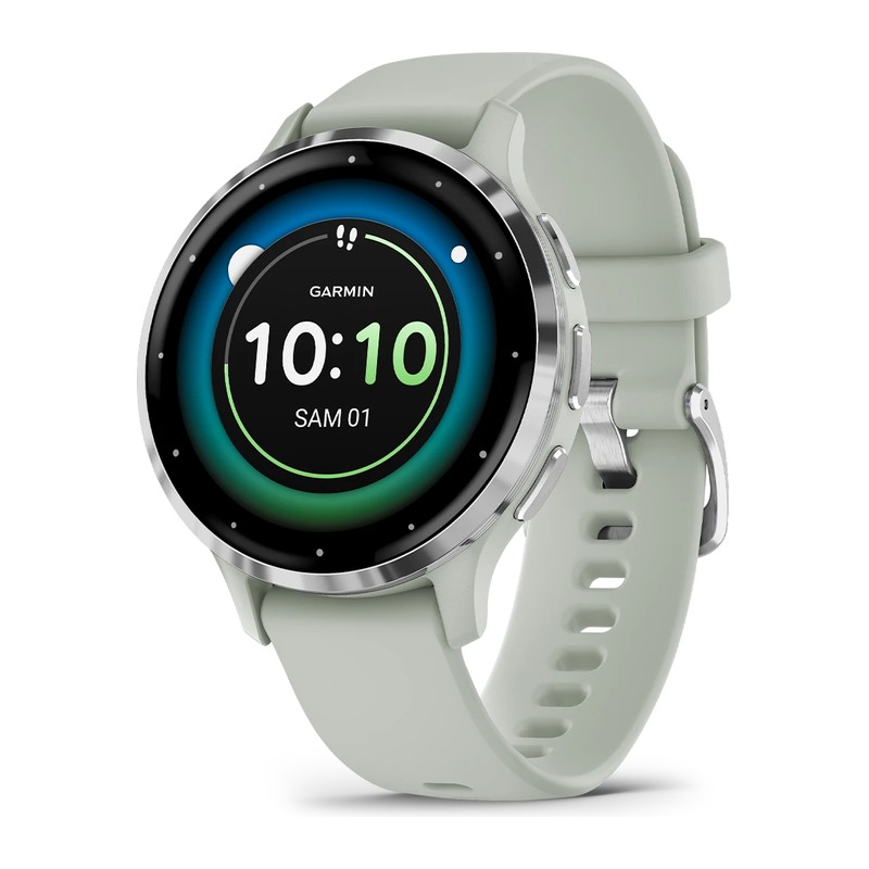 Montre connectée Garmin Venu 3S, Lunette Silver en acier inoxydable avec boîtier vert sauge, bracelet silicone vert sauge