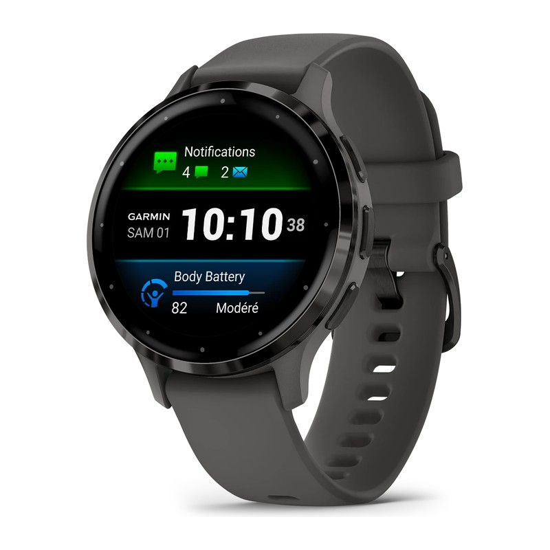 Montre connectée Garmin Venu 3S, Lunette Gray en acier inoxydable avec boîtier gris foncé, bracelet silicone gris foncé