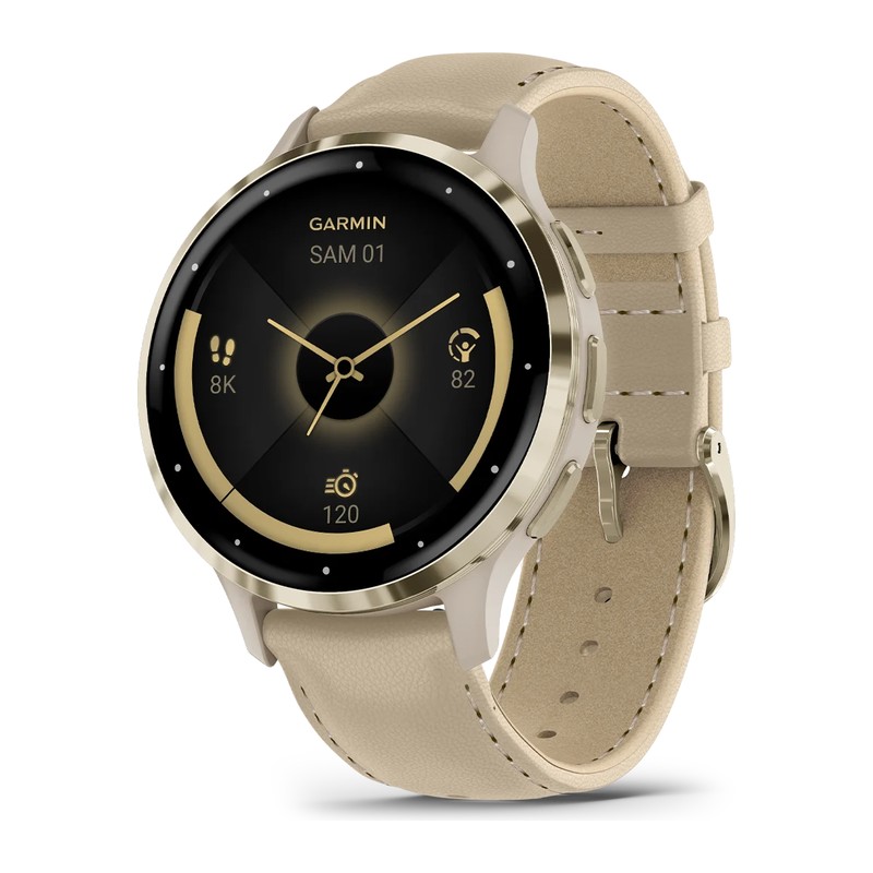Montre connectée Garmin Venu 3S, Lunette en acier inoxydable Soft Gold avec boîtier, bracelet cuir lin