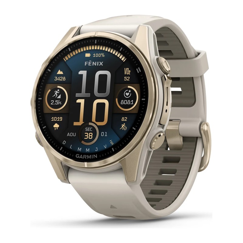 Montre GPS Garmin fēnix 8 – 43 mm, AMOLED, Sapphire, Soft Gold, bracelet silicone gris cendré/grès foncé