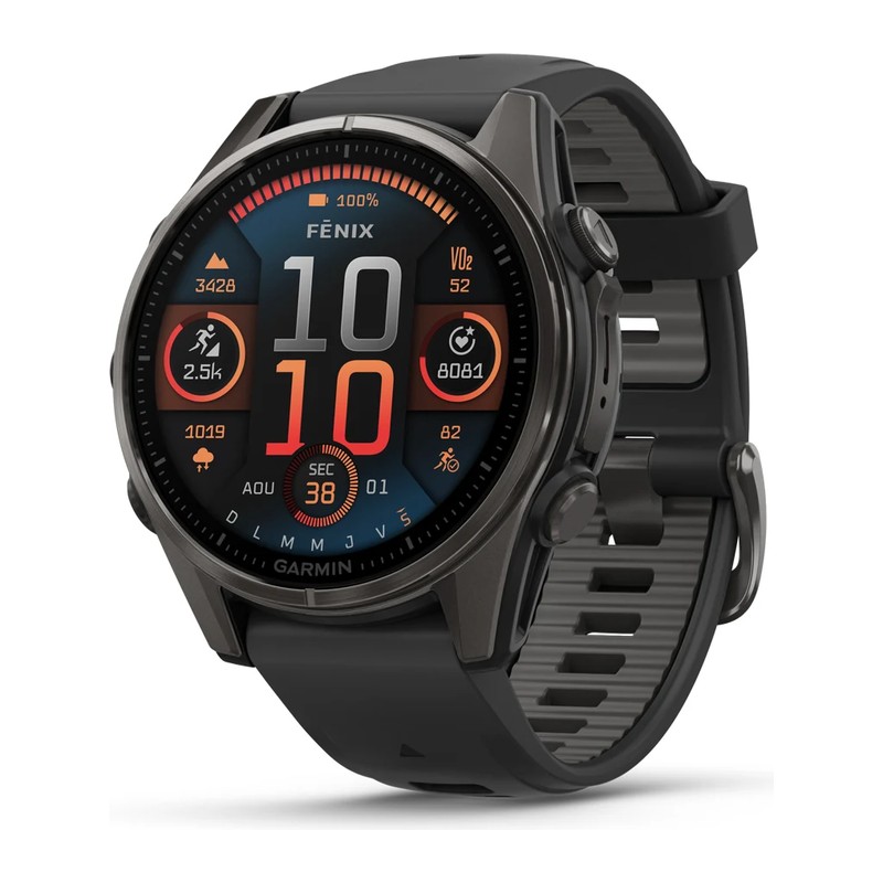 Montre GPS Garmin fēnix 8 – 43 mm, AMOLED, Sapphire, Titane Carbon Gray DLC, bracelet silicone noir/gris galet