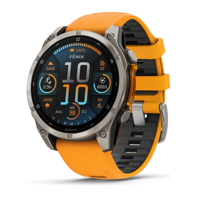Montre GPS Garmin fēnix 8 – 47 mm, AMOLED, Sapphire, Titanium, bracelet silicone orange/graphite