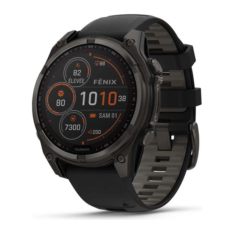 Montre GPS Garmin fēnix 8 – 47 mm, Solar, Sapphire, Titane Carbon Gray DLC, bracelet silicone noir/gris galet