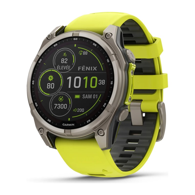 Montre GPS Garmin fēnix 8 – 47 mm, Solar, Sapphire, Titanium, bracelet silicone jaune/graphite