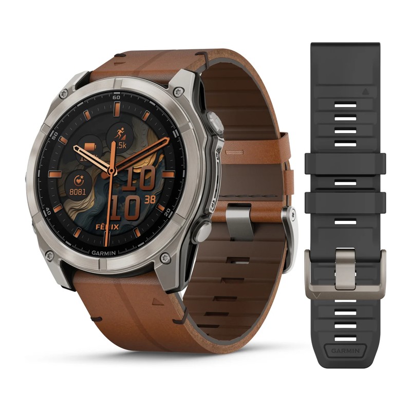 Montre GPS Garmin fēnix 8 – 51 mm, AMOLED, Sapphire, Titanium, bracelet cuir marron
