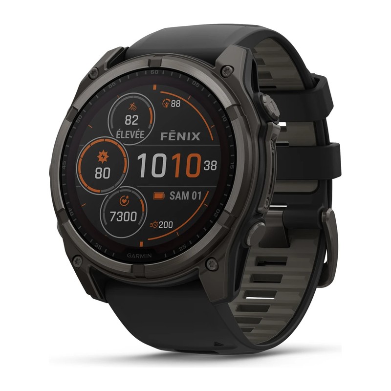 Montre GPS Garmin fēnix 8 – 51 mm, Solar, Sapphire, Titane Carbon Gray DLC, bracelet silicone noir/gris galet