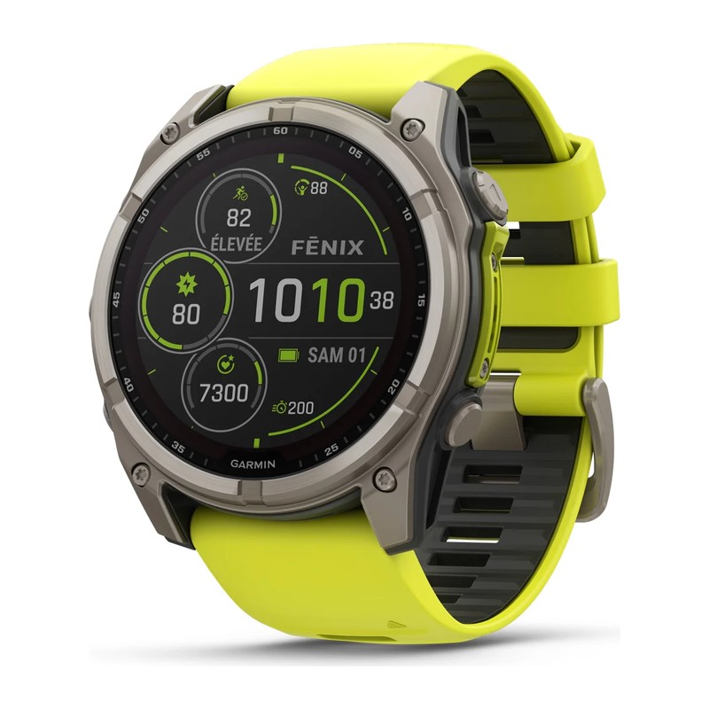 Montre GPS Garmin fēnix 8 – 51 mm, Solar, Sapphire, Titanium, bracelet silicone jaune/graphite