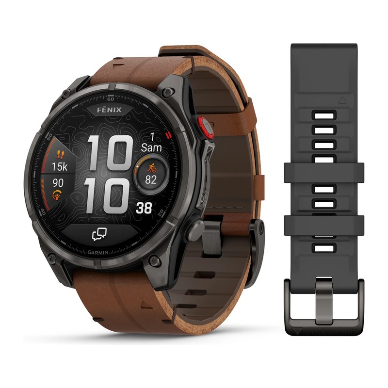 Montre GPS Garmin fēnix 8 Pro – 47 mm, AMOLED, Sapphire, Titane Carbon Gray DLC, bracelet cuir marron