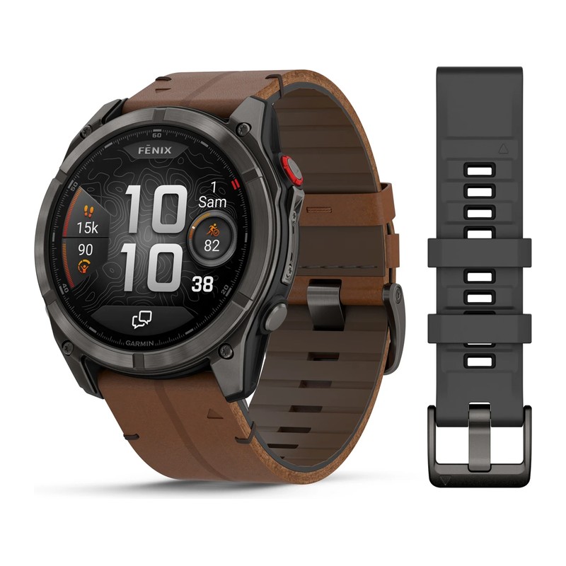 Montre GPS Garmin fēnix 8 Pro – 51 mm, AMOLED, Sapphire, Titane Carbon Gray DLC, bracelet cuir marron