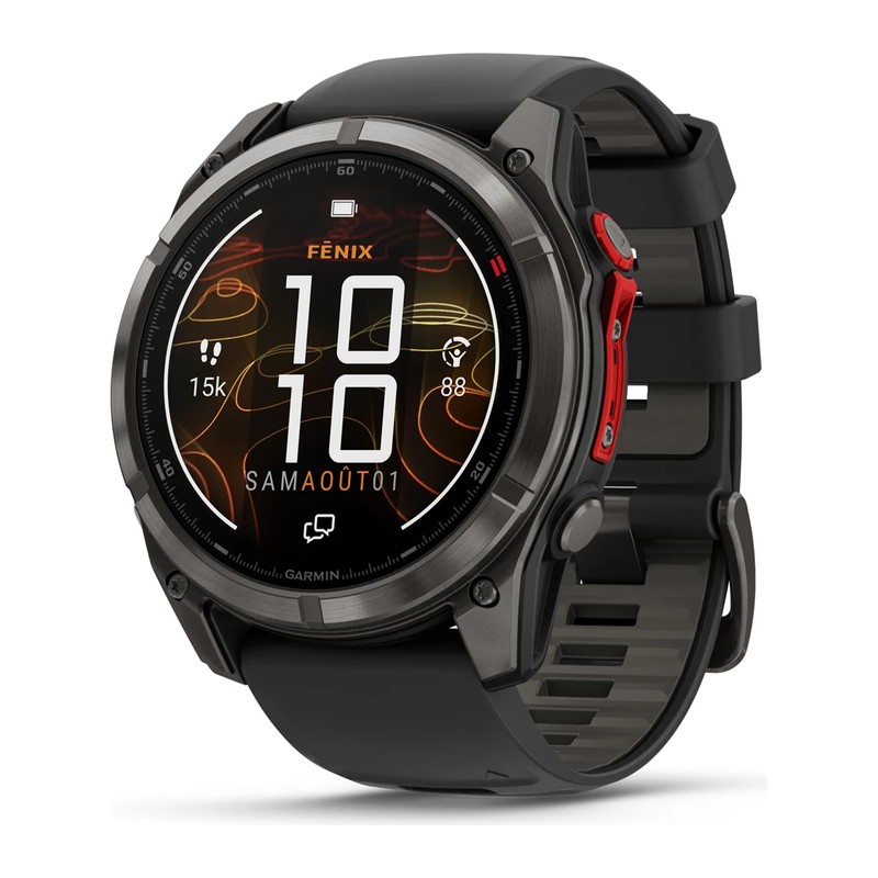 Montre GPS Garmin fēnix 8 Pro – 51 mm, MicroLED, Sapphire, Titane Carbon Gray DLC, bracelet silicone noir/gris galet