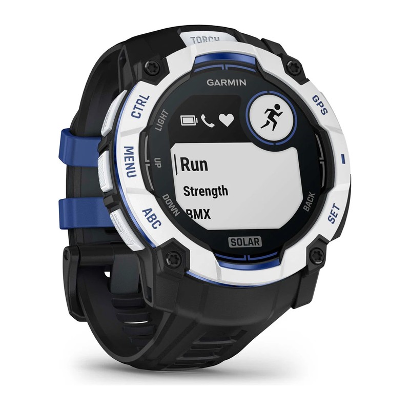Montre GPS Garmin Instinct 3 – 50 mm, Solar, Blanche, bracelet noir/bleu électrique