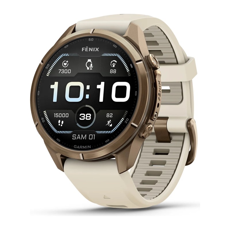 Montre GPS Garmin fēnix 9 Pro – 43 mm, Titane gold, bracelet silicone beige crème/gris cendré