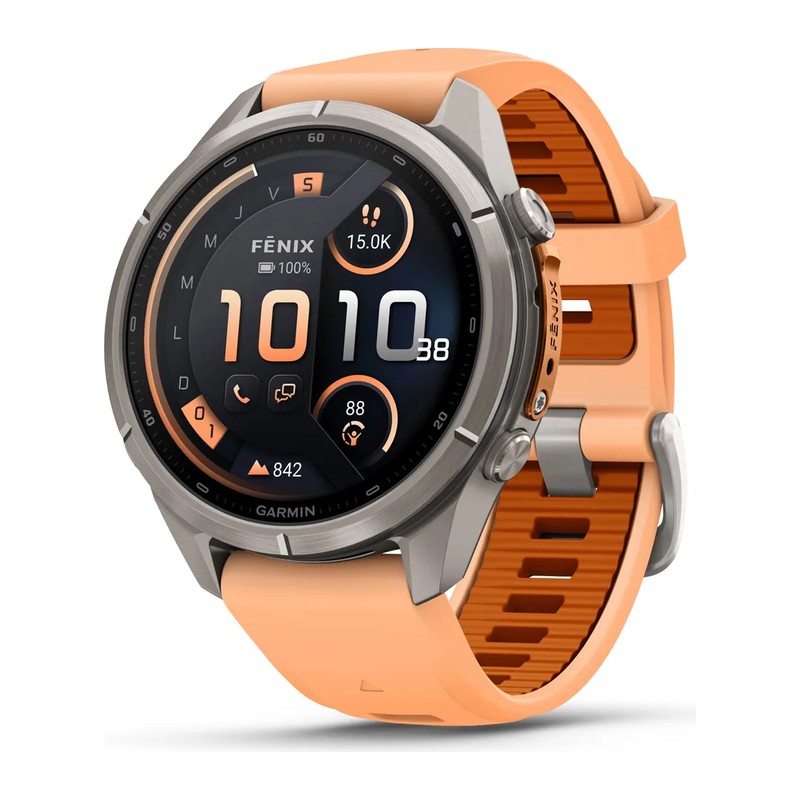 Montre GPS Garmin fēnix 9 Pro – inReach, 43 mm, Titanium, bracelet silicone corail/ocre
