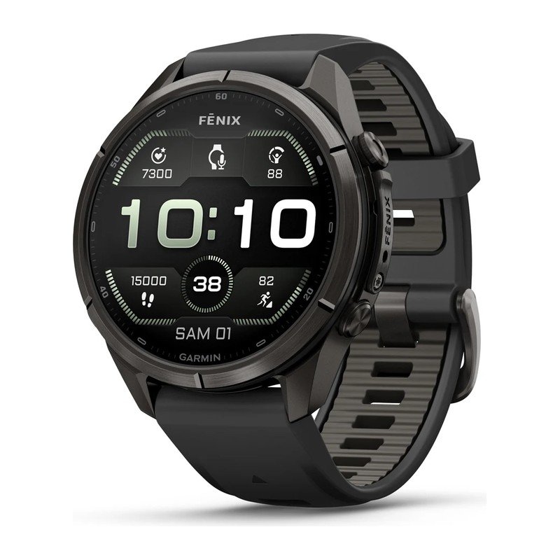 Montre GPS Garmin fēnix 9 Pro – inReach, 43 mm, Titane Carbon Gray DLC, bracelet silicone noir/gris galet
