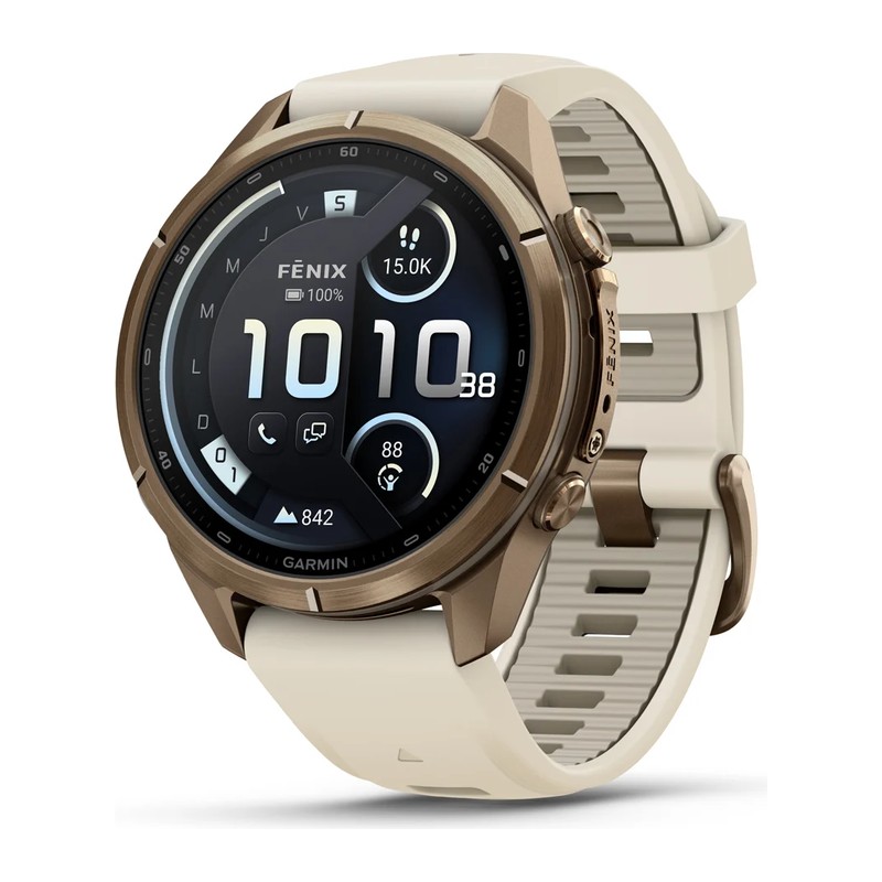 Montre GPS Garmin fēnix 9 Pro – inReach, 43 mm, Titane gold, bracelet silicone beige crème/gris cendré
