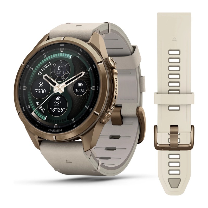 Montre GPS Garmin fēnix 9 Pro – inReach, 43 mm, Titane gold, bracelet cuir beige crème/gris cendré
