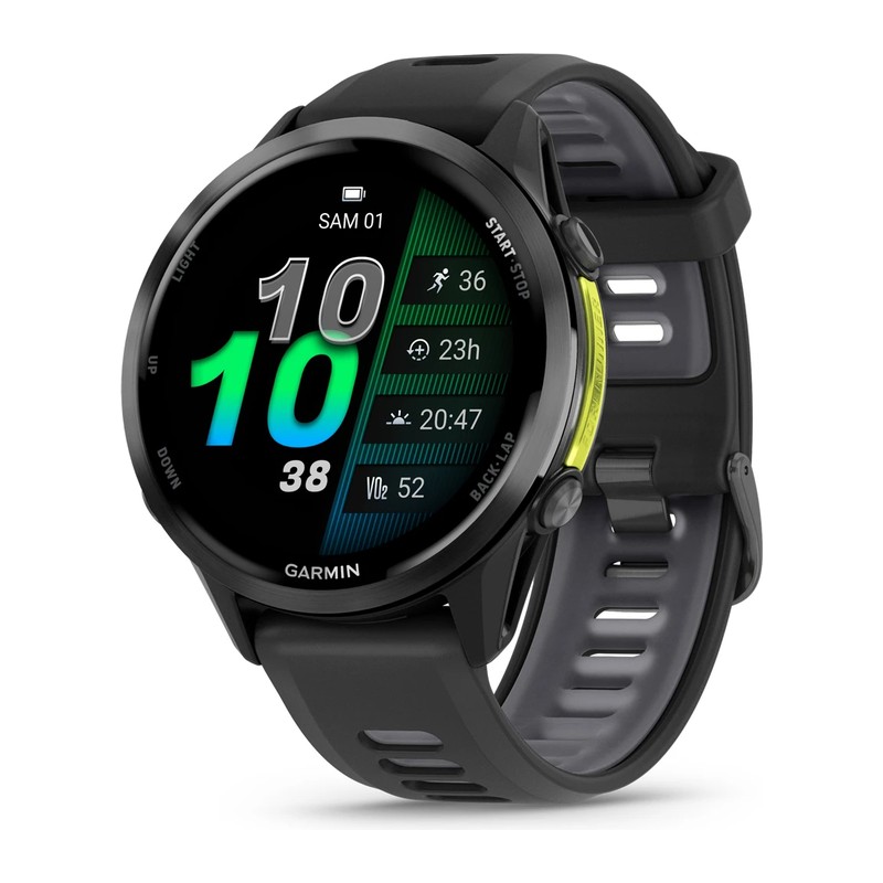 Montre GPS Garmin Forerunner 970, Titane Slate, boîtier noir, bracelet noir/blanc translucide