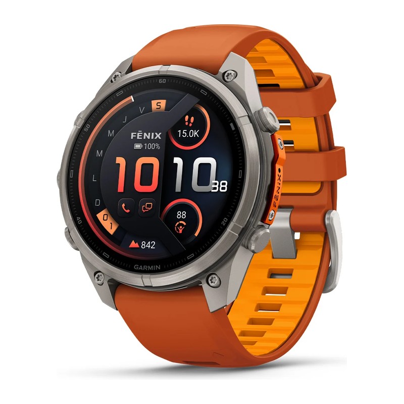 Montre GPS Garmin fēnix 9 Pro – inReach, 47 mm, Titanium, bracelet silicone ocre/orange