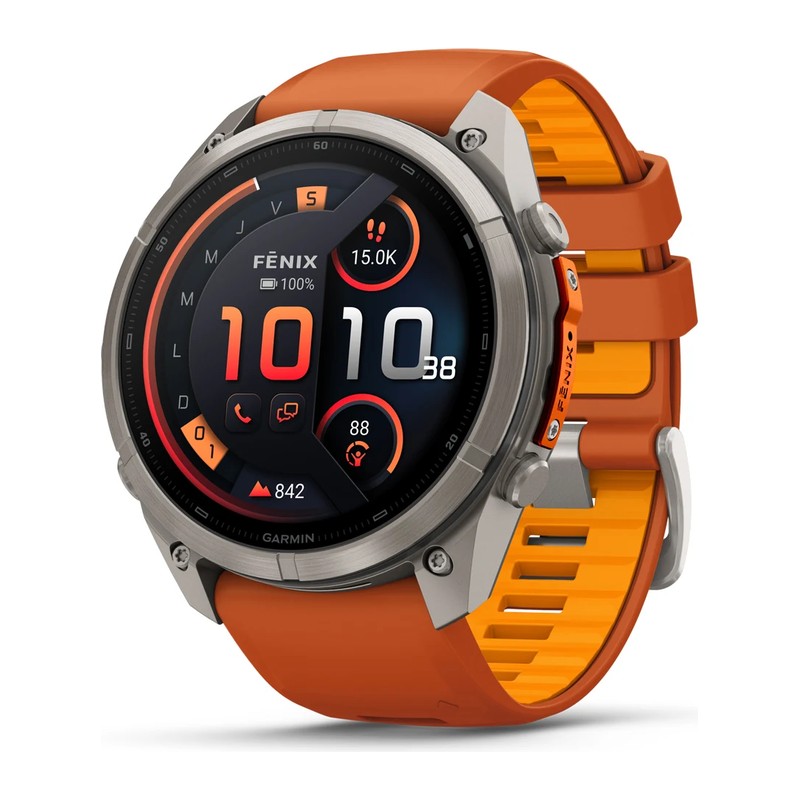 Montre GPS Garmin fēnix 9 Pro – inReach, 51 mm, Titanium, bracelet silicone ocre/orange