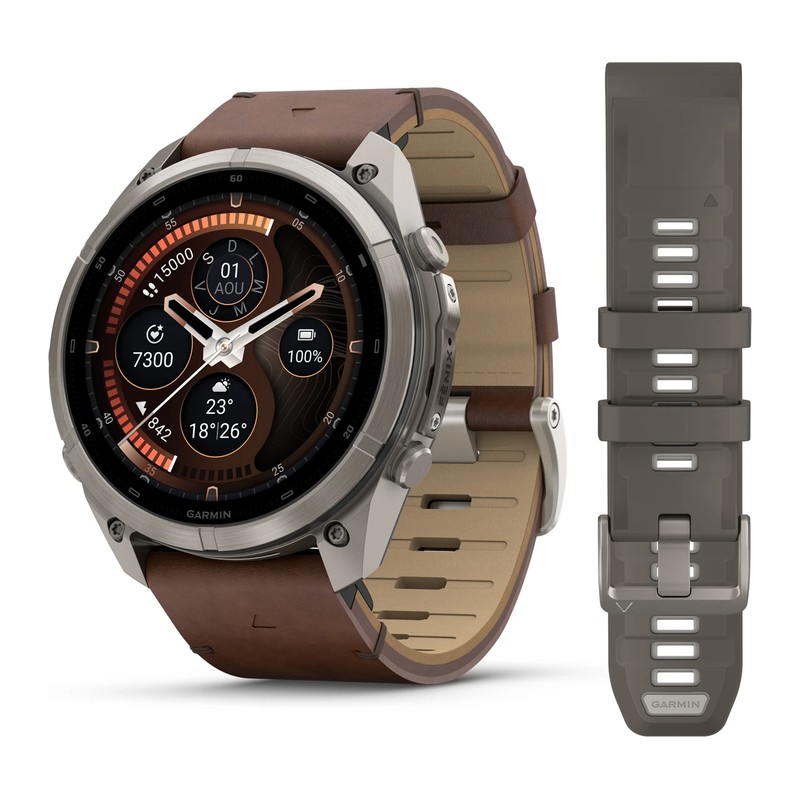Montre GPS Garmin fēnix 9 Pro – inReach, 51 mm, Titanium, bracelet cuir noisette