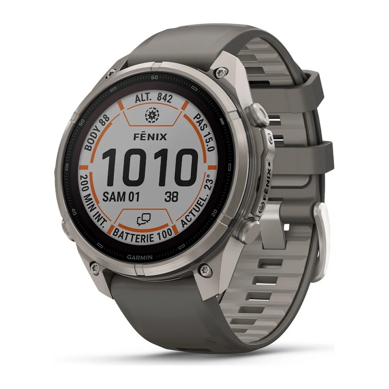 Montre GPS Garmin fēnix 9 Pro – inReach, Solar, 47 mm, Titanium, bracelet silicone gris galet/gris cendré